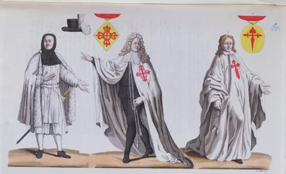 Knights of Calatrava in War Costume, Ceremonial Costume and as a Knight of the Order of St. James, illustration from 